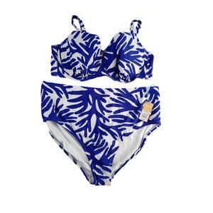 Kona Sol Swimsuit Womens 2X (20-22) Blue Bikini Padded Underwire High Waist NWT